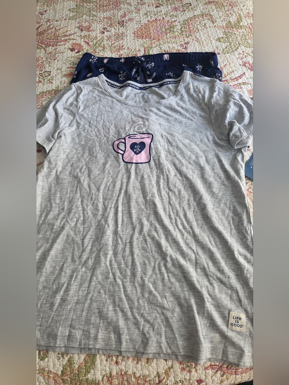 Life Is Good Gray Tee and Navy Cup Print Pajama Set